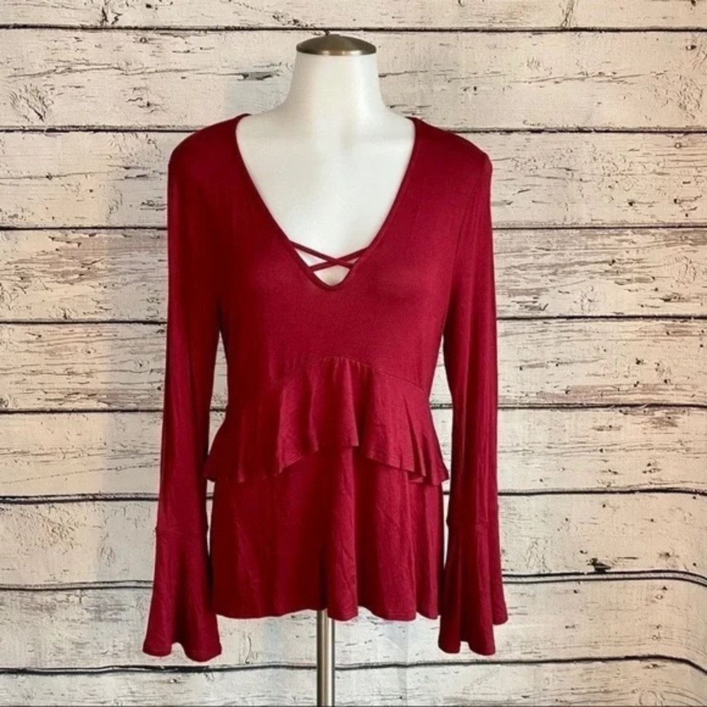 ANDREE BY UNIT Red Ruffled Bell Sleeve Blouse